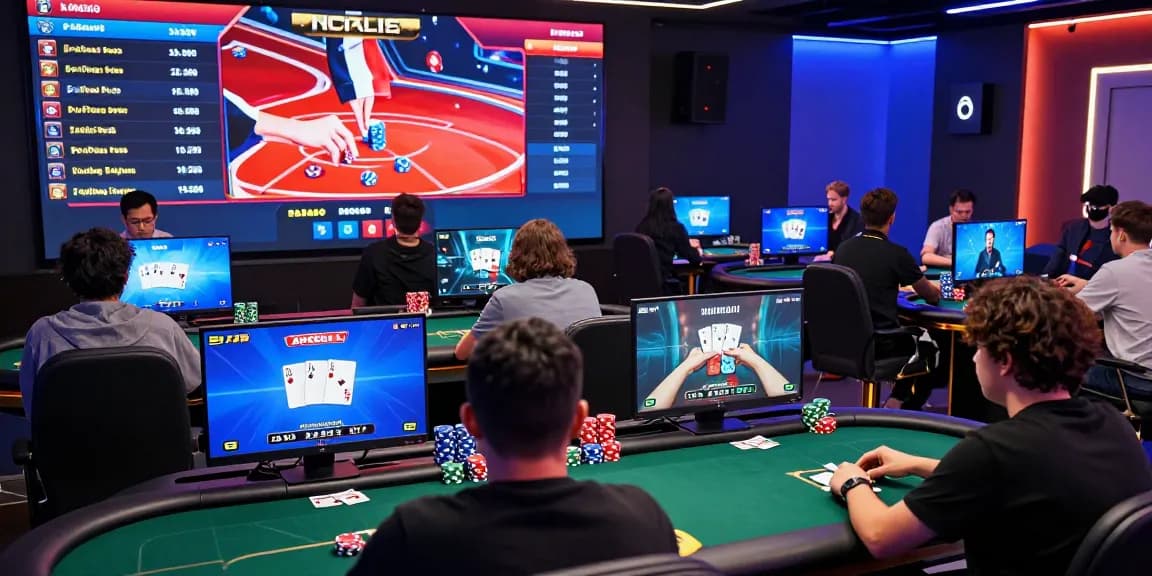 A diverse group of players in an engaging online tournament of Agen Poker Online with colorful screens and chips.