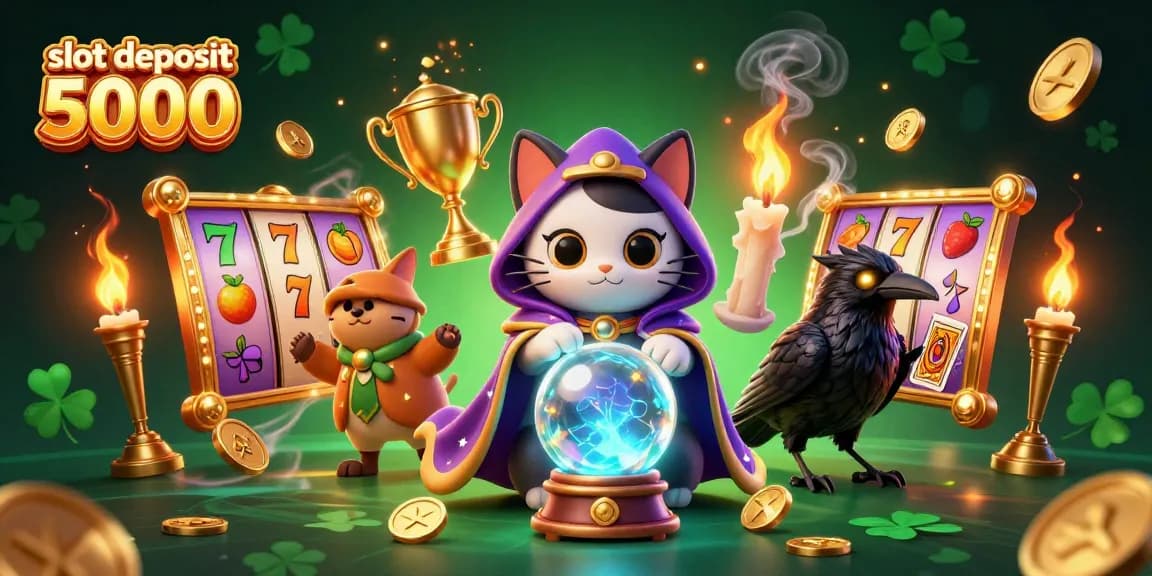 Experience high excitement with slot deposit 5000 in a vibrant dynamic casino scene featuring a mystic cat and a raven.
