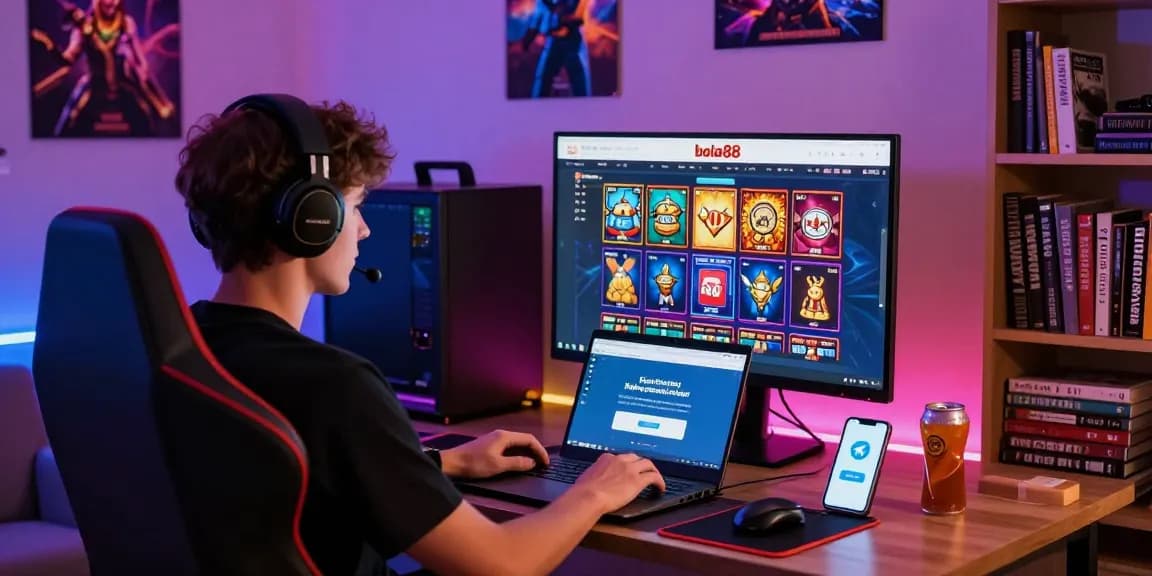 Withdraw Bola88 process illustrated with a gamer enjoying Slot games in a vibrant home setup, highlighting excitement and community support.