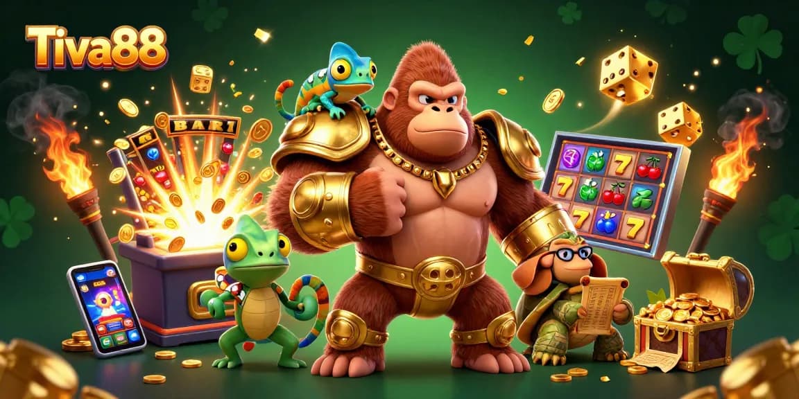 Tiva88 captures exciting gameplay featuring a powerful gorilla, chameleon, and tortoise amidst thrilling casino elements.