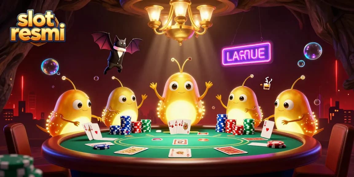 Ilustrasi kasino gua bercahaya dengan glowworms dan dealer kelelawar untuk slot resmi.