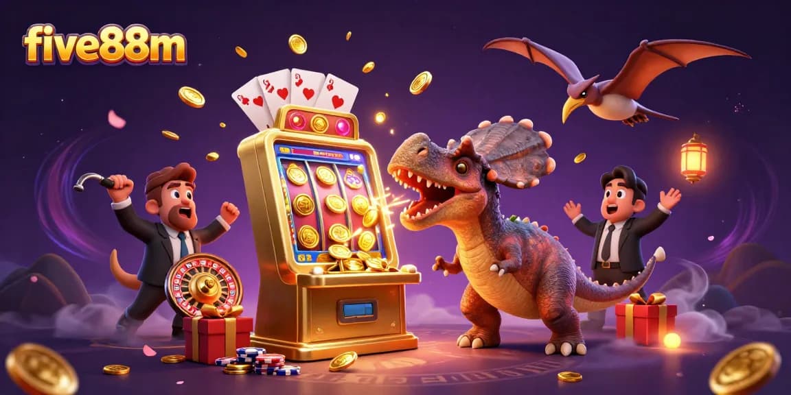 Experience big wins at five88m as a dinosaur celebrates jackpots raining from a slot machine.