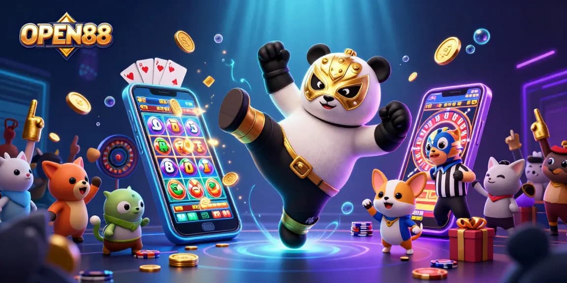 OPEN88 showcases a vibrant online gaming scene with a panda wrestler and animated slot games.