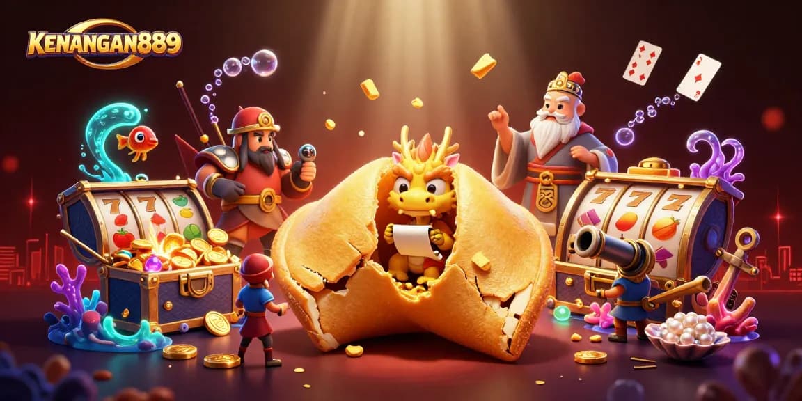Engage in KENANGAN889 slot games with golden fortune cookie, treasure chests, and vibrant casino elements.
