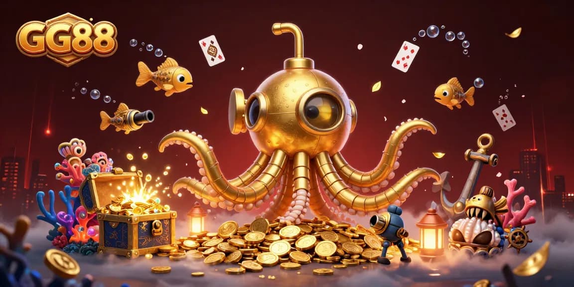 Experience the thrill of GG88 online gaming with a vibrant illustration of a golden kraken submarine amidst treasures.