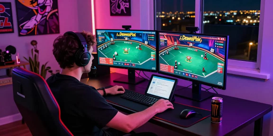 Engaging gamer playing dewapoker online with multiple screens, vibrant atmosphere.