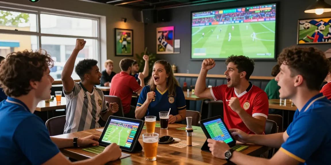 Soi keo nha cai at a lively sports bar during a match, with fans cheering and engaging in betting activities.