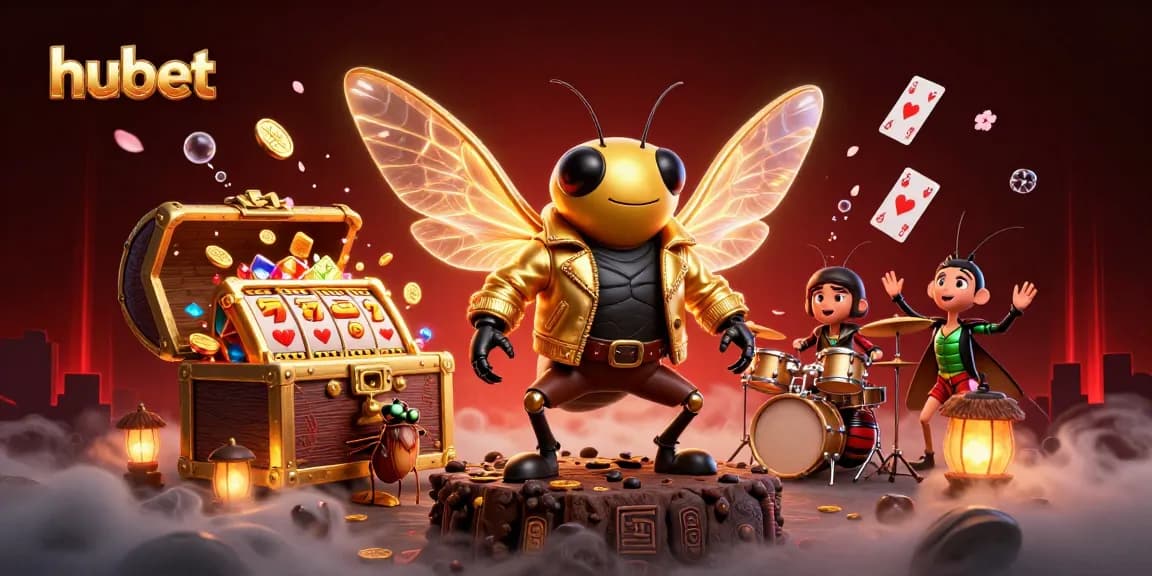 hubet brings excitement to the table with a vibrant 3D casino scene featuring a rock star and vibrant game elements.
