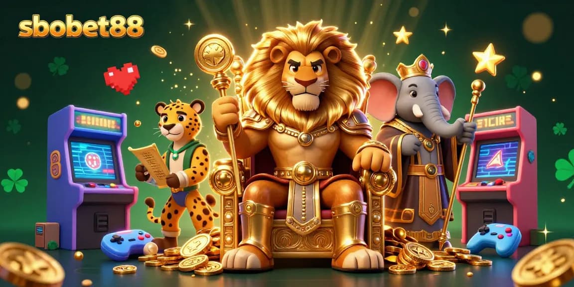 Experience sbobet88 excitement with a lion king, wise elephant, and cheetah amidst vibrant gaming elements.