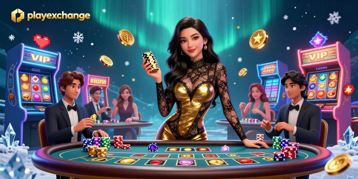 Experience high-stakes excitement at playexchange with an elegant baccarat setup highlighted in a dazzling casino scene.