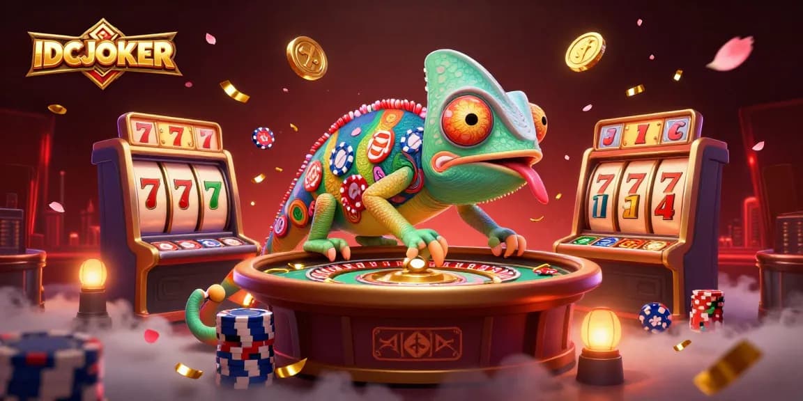 IDCJOKER chameleon owner in vibrant casino scene, capturing golden coins while surrounded by slot reels and jackpots