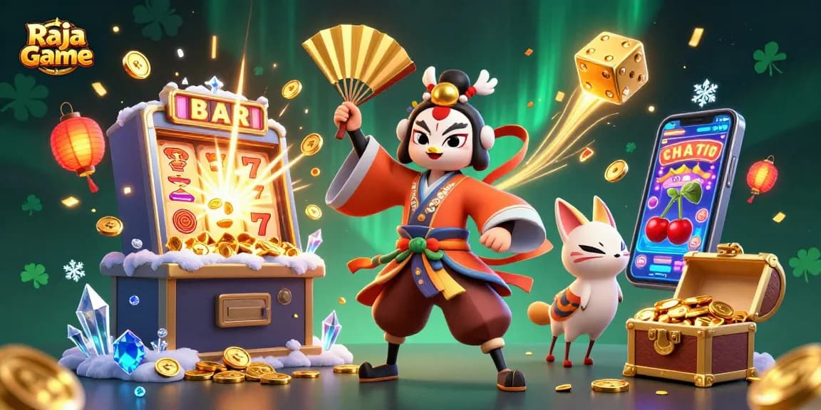 Experience thrilling wins with Raja Game's vibrant 3D illustration of a kabuki warrior and slot machine excitement.