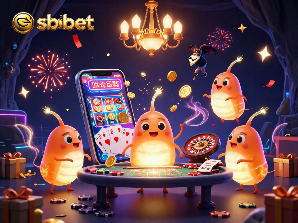 SBOBET's vibrant 3D illustration showcases glowworms in a cave casino, capturing the thrill of gambling.