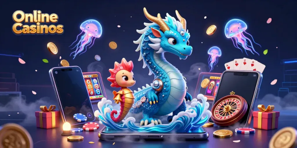 Engage with top Online Casinos in a vibrant 3D scene featuring a dragon, knight, and jellyfish.
