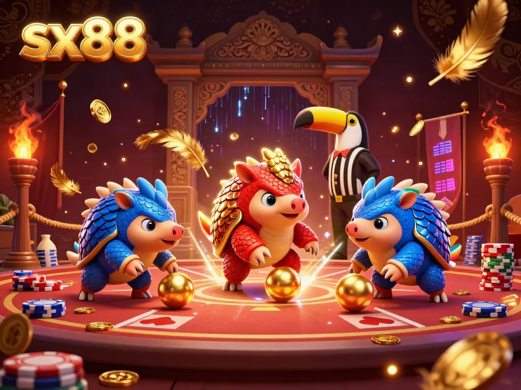 Sx88 pangolins compete in a lively casino scene with poker chips and gold coins.