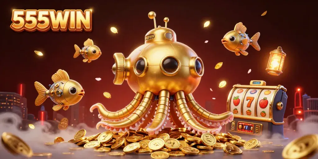Experience the excitement of 555WIN with a golden kraken submarine and slot elements in a dynamic casino scene.