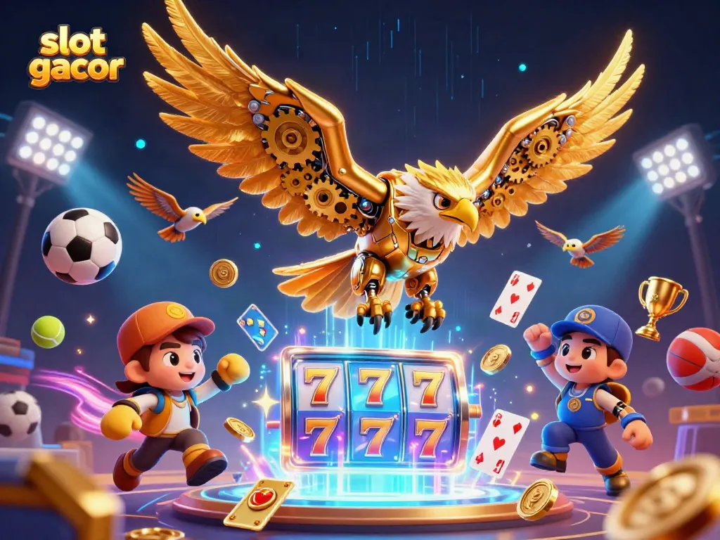 Experience the thrill of slot gacor with a 3D golden eagle amidst dynamic game elements and electrifying visuals.