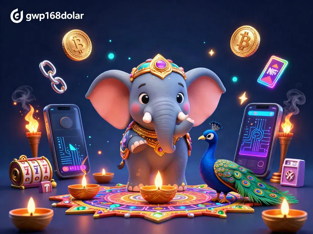 Permainan slot 3D di GWP168dolar, dengan gajah menghias dan merak, menampilkan koin Bitcoin dan Ethereum.