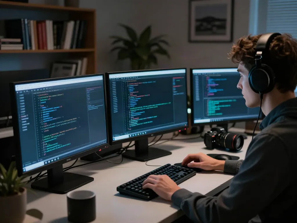 Researcher analyzing data about the hidden wiki dark web in a dimly lit workspace.