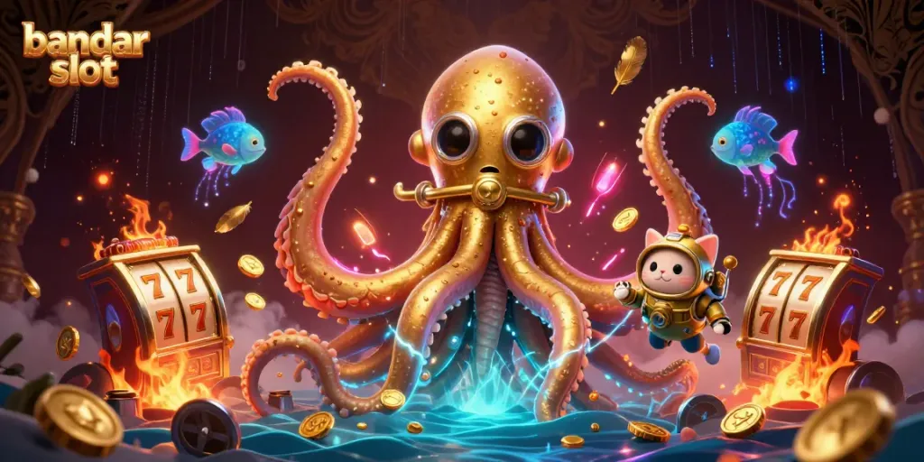 Deskripsi kolosal bandar slot dengan kraken dan ikan laut dalam dalam suasana kasino yang megah.