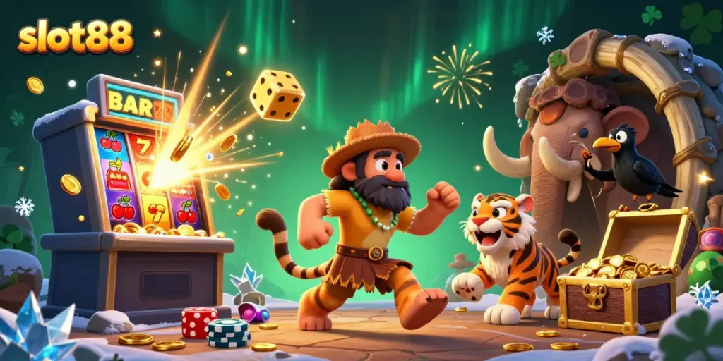 Slot88 memperlihatkan kasino prasejarah dengan karakter kartun, dikemas penuh efek permainan.