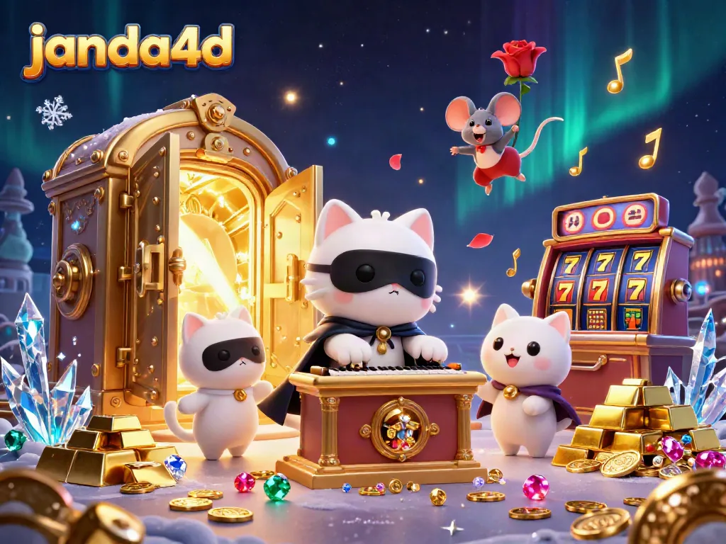 Gambarkan janda4d dengan kucing putih dan mouse akrobat di kasino, penuh koin emas.