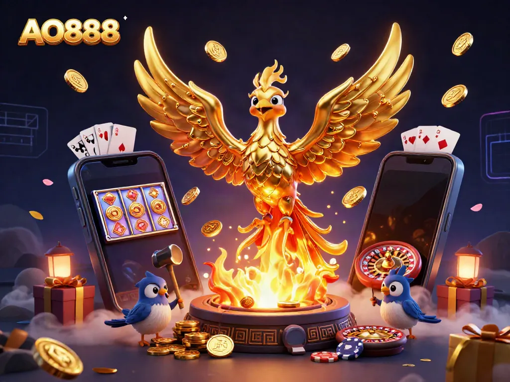 Experience the thrill of AO888 with vibrant casino elements and golden rewards in a dynamic 3D illustration.