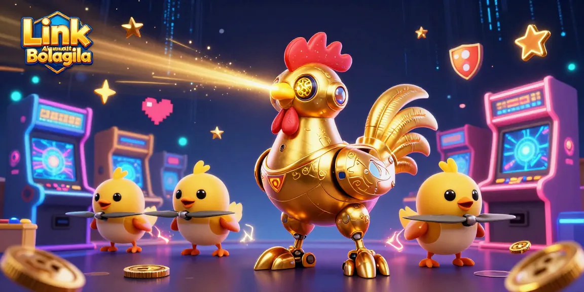Menyusun Link Alternatif Bolagila untuk taruhan yang aman dan seru, dilengkapi ilustrasi robot ayam emas futuristik dalam permainan.