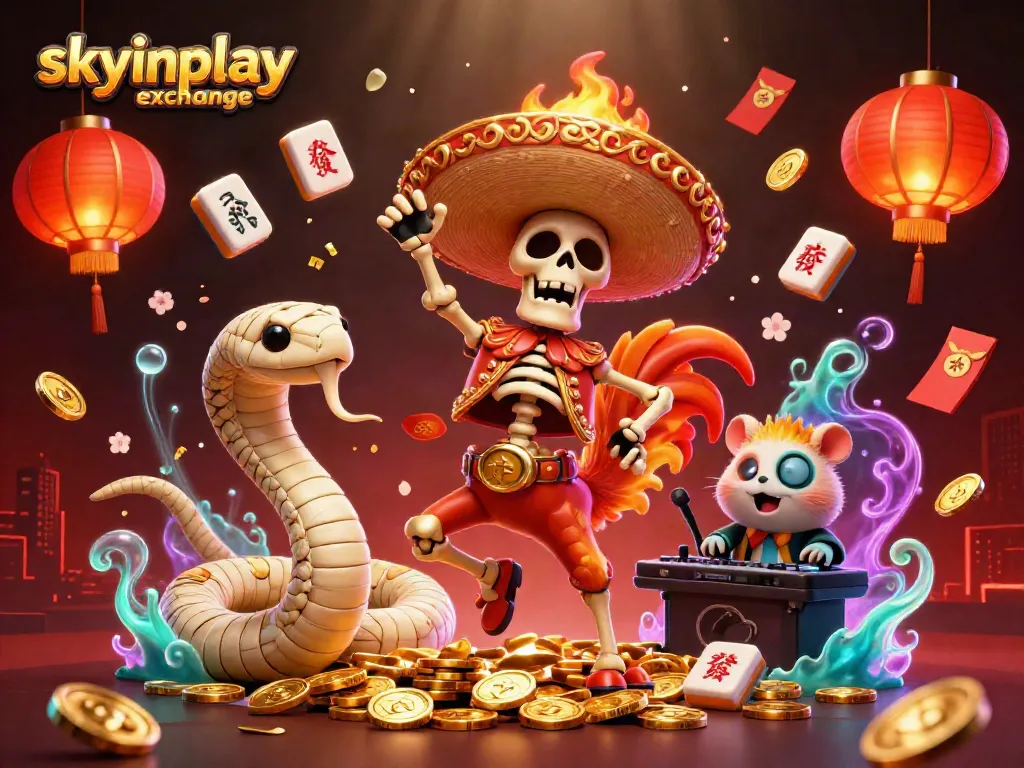 Experience a festive scene in skyinplay exchange with characters celebrating amidst floating casino elements.