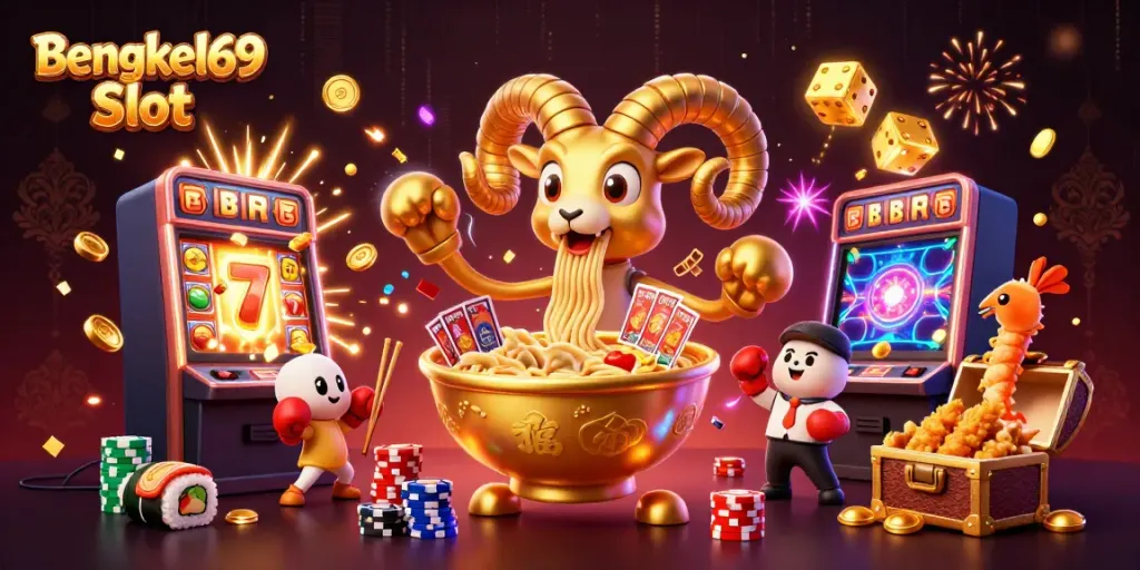 Bengkel69 Slot features a vibrant 3D scene with characters engaging in dynamic casino action.