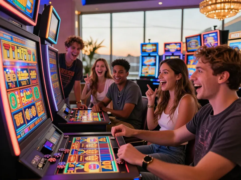 Friends enjoying a lively Lucky777 gaming session at a vibrant casino.