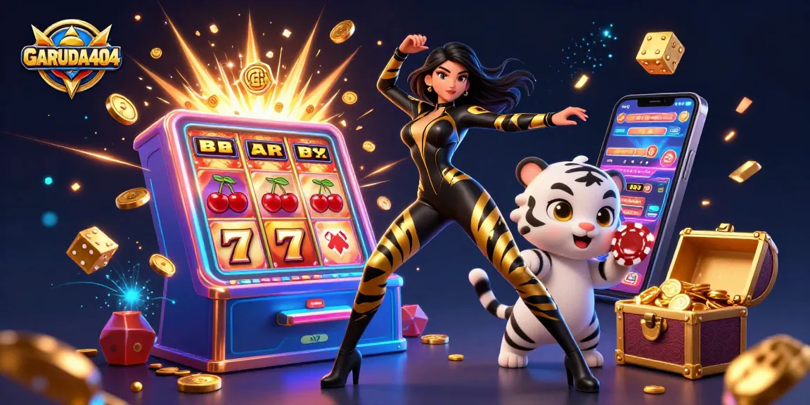 Experience the thrill of GARUDA404 with a stunning 3D casino illustration featuring a woman and a baby tiger amidst a jackpot explosion.