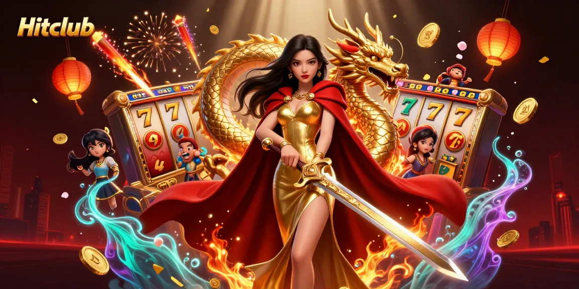 Hitclub unveils a dynamic scene of captivating casino action, featuring a glamorous warrior queen and lucky elements around her.
