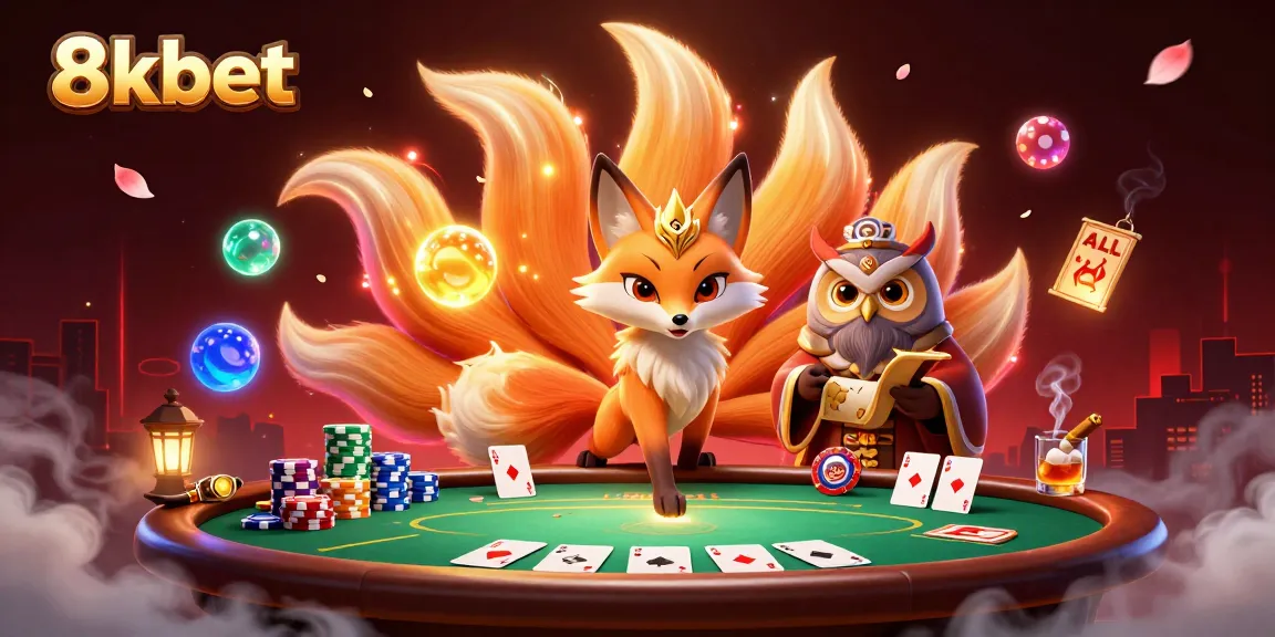 Engage in thrilling games with 8xbet as a vibrant nine-tailed fox and wise owl sage enhance the casino atmosphere.