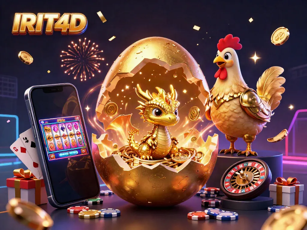Experience IRIT4D with a golden dragon and poker chips amidst slot games, celebrating with fireworks.