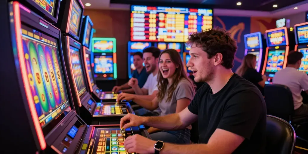 Player engaging with slot888 machine in a vibrant casino atmosphere