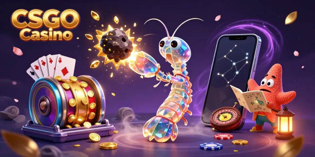 A vibrant 3D CSGO Casino scene featuring a galactic mantis shrimp and a starfish amidst exploding gems and gold coins.