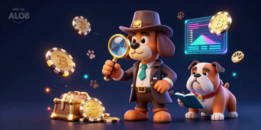 Engage with "NHÀ CÁI ALO8" featuring a detective solving clues in a casino-themed scene with crypto elements.