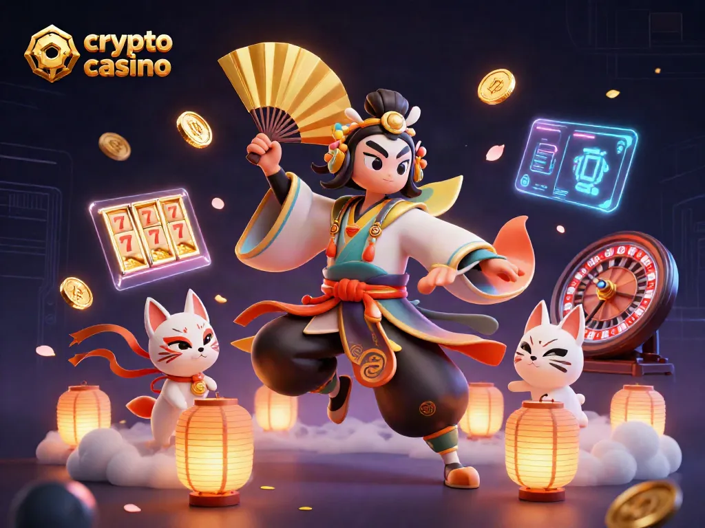 Engage in a dynamic crypto casino scene showcasing vibrant characters, Bitcoin coins, and jackpot slots.
