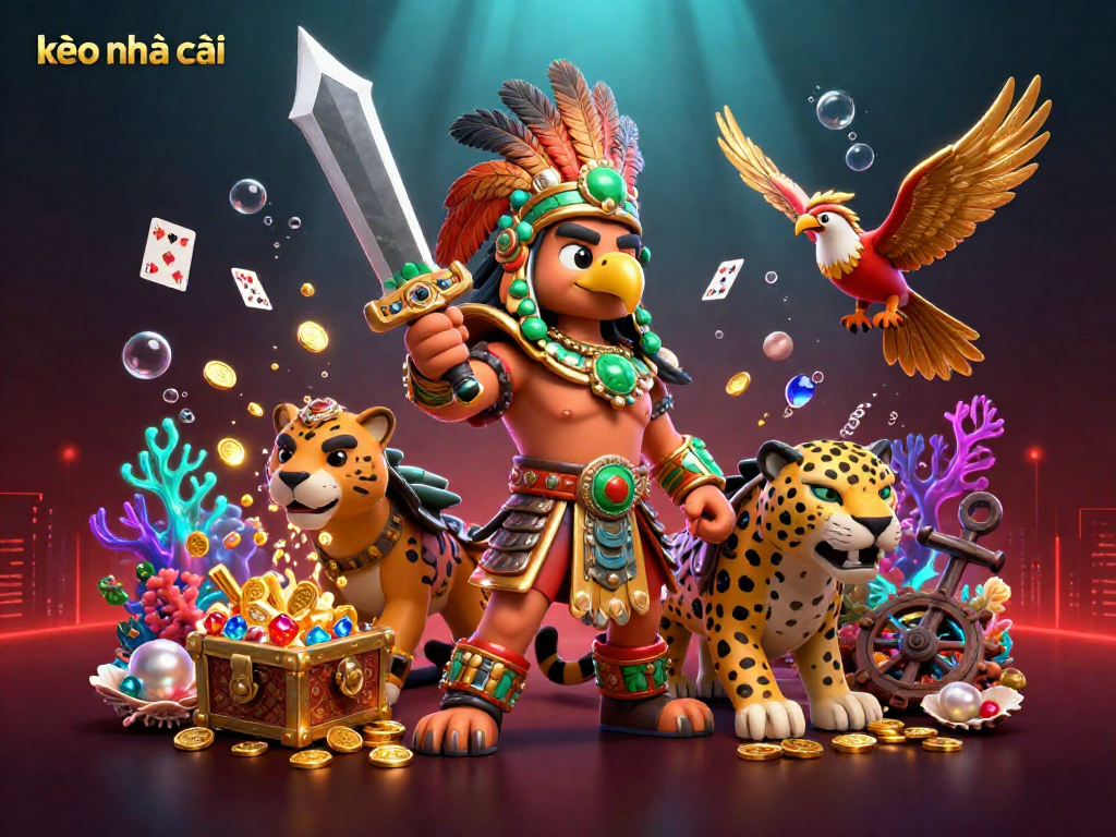 Engage with kèo nhà cái in this dynamic 3D scene featuring Aztec warriors and vibrant casino elements.