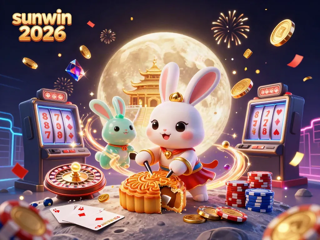 Experience excitement with sunwin 2026, featuring a moon rabbit discovering poker chips inside golden mooncakes in a vibrant casino scene.