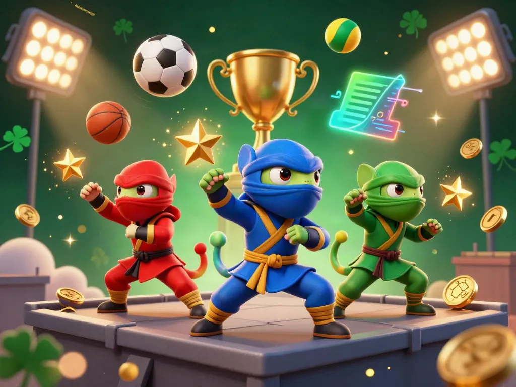 Experience dynamic sports action with keonhacaisbo's ninja chameleons showcasing synchronized martial arts amidst vibrant casino elements.