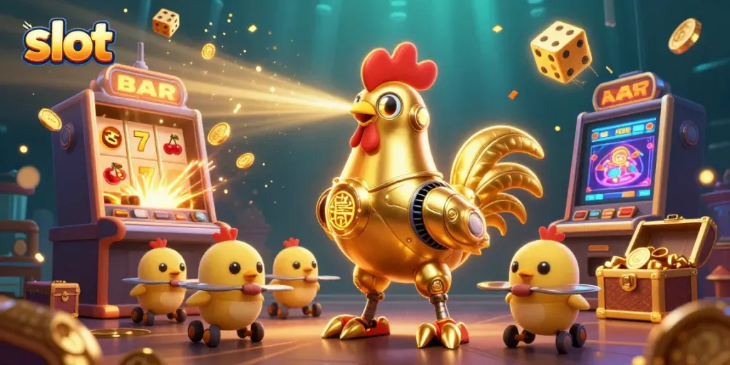 Slot bertenaga dari mesin 3D yang cerah dengan robot ayam dan harta karun berkilauan.
