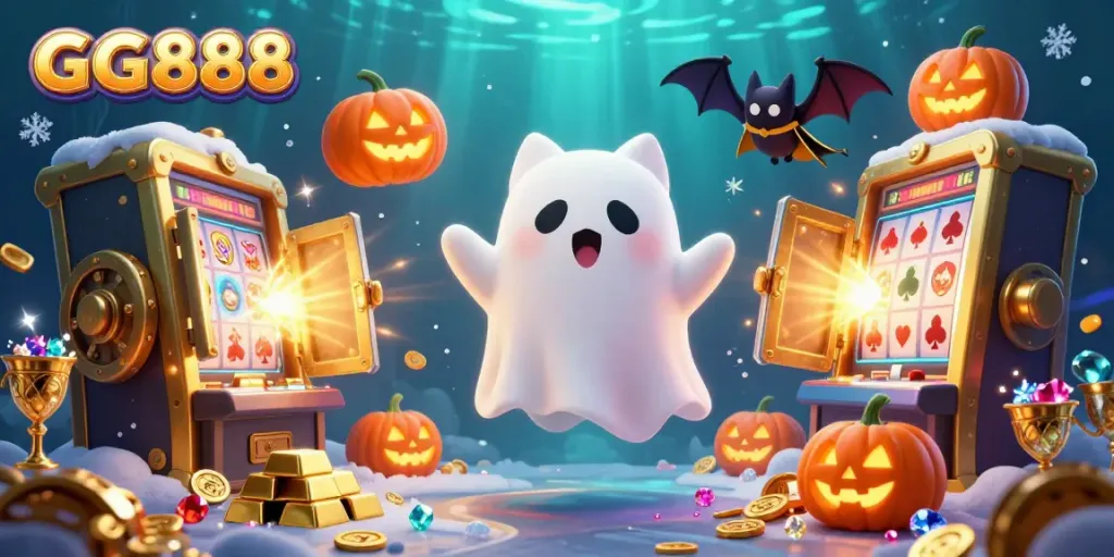 Experience the thrills of GG888 in this vibrant 3D casino scene featuring a ghost cat and treasures floating amid chaos.