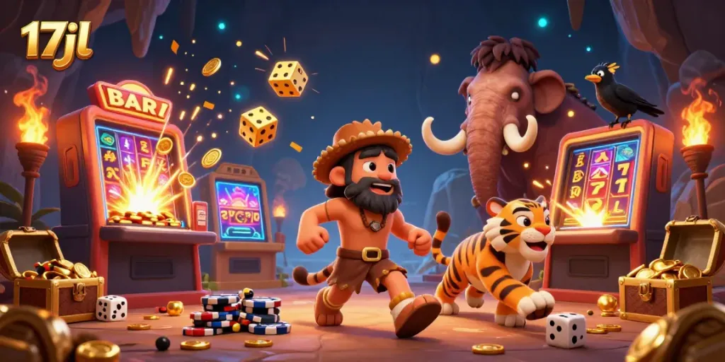 Experience thrilling games at 17jl casino with cavemen and sabertooth tigers under a jackpot explosion.
