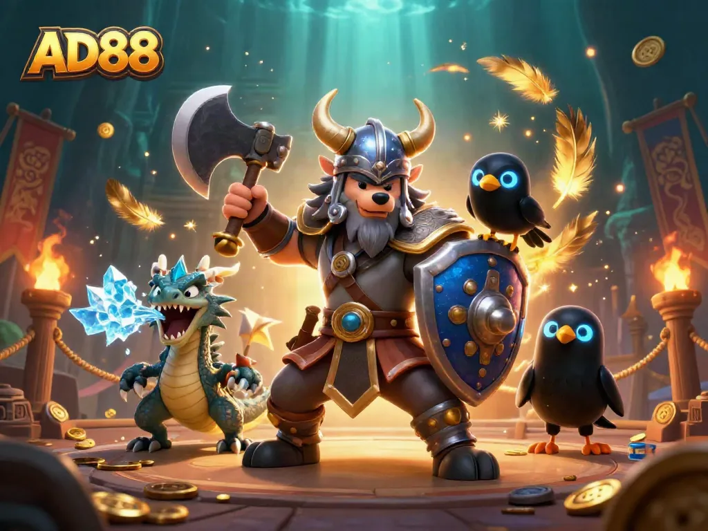 Engage with AD88's dynamic online casino experience featuring vibrant Viking-themed characters.