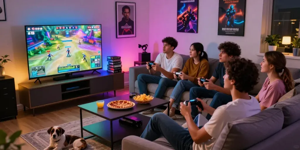 Rokok88 login scene with friends gaming in a cozy living room setting.