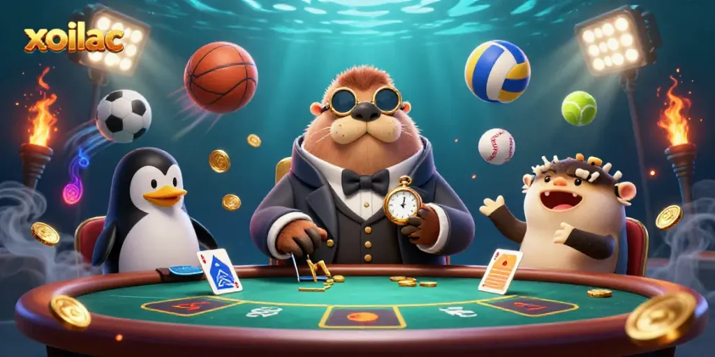 Xoilac theme: jolly walrus playing poker with a penguin dealer and bluffing pufferfish