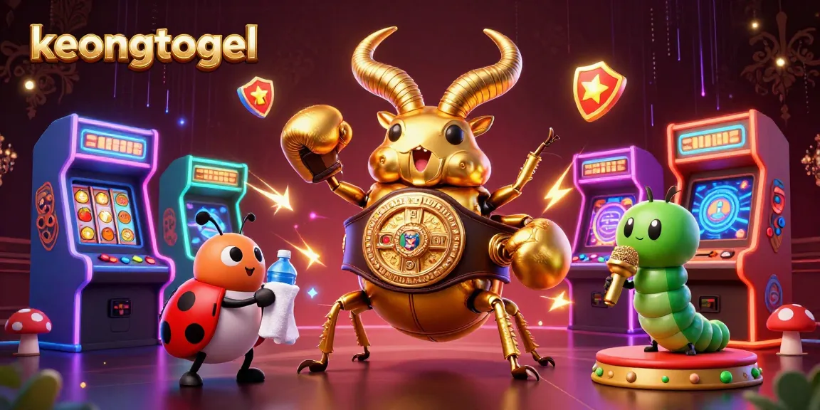 Spin on keongtogel with golden stag beetle boxing against colorful slot reels in a vibrant casino scene.
