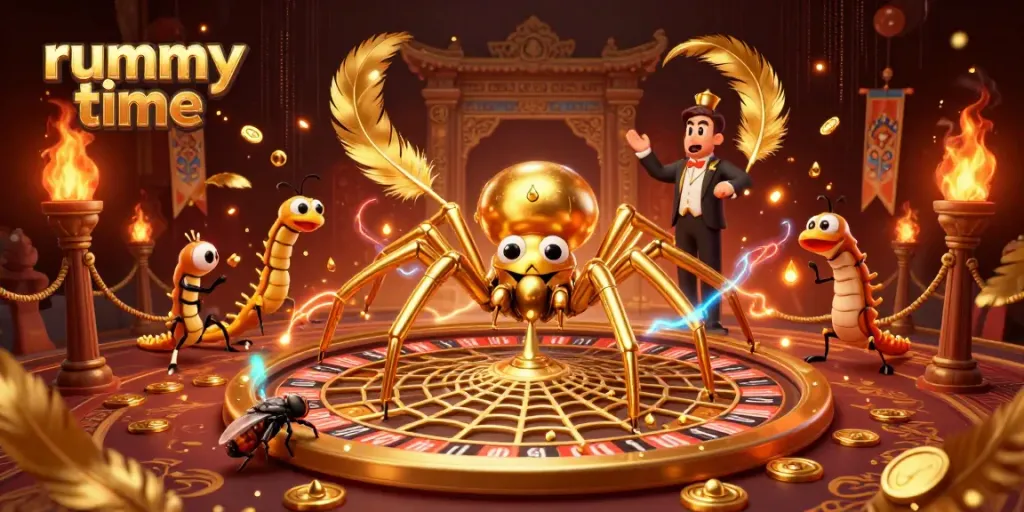 Experience rummy time with a golden spider and centipede croupier in a thrilling gambling scene.